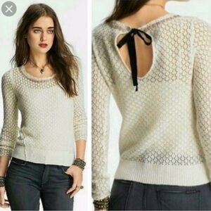 Free People Ivory Open Knit Will Angora Embellished Tie Neck Sweater Size: M